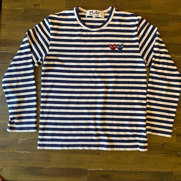 Comme Des Garcos Play  Twin Hart Stripped Long Sleeve Shirt - Picture 2 of 16